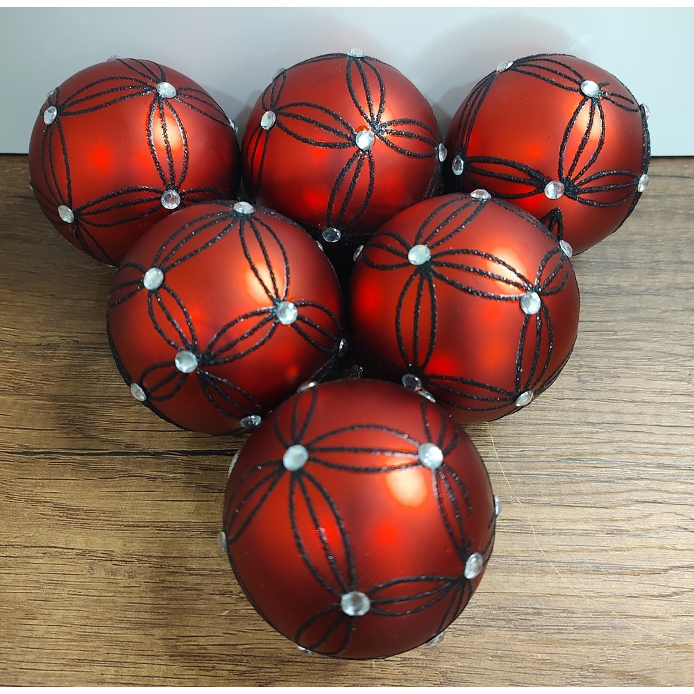 Vtg G&B Christmas Glass Ball Ornament Lot Of 6 Red Black Glitter Rhinestones A17